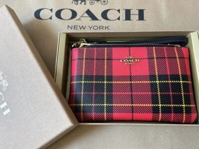 NOVO COM ETIQUETAS COACH Grande Zíper de Canto Pulseira Couro com Estampa Xadrez Vermelho com Caixa de Presente - Imagem 1 de 3