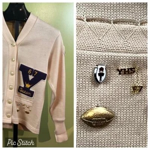 Vtg 60's Coleman Knitting Letterman Sweater sz 38 Cream "S" Patches 67' - Picture 1 of 8