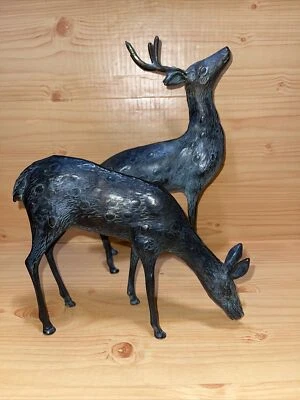 Par de estatua vintage de ciervos de cobre decoración de mesa buena suerte Navidad Foto 1 de 4