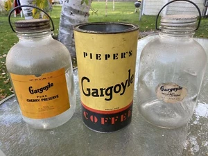 Vintage GARGOYLE LOT Pieper's Coffee Tin Cherry & Peach Preserves Glass Jars   - Picture 1 of 12