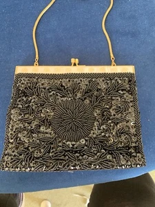 Vintage Top Handle Beaded Evening Bag, Lined & Gold-Tone Handle - Picture 1 of 9