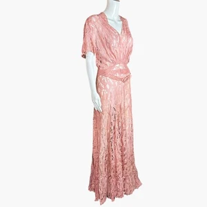 Antique Vintage Womens Dress 30s 40s Rose Pink Lace Long Dress Belted Delicate - Picture 1 of 23
