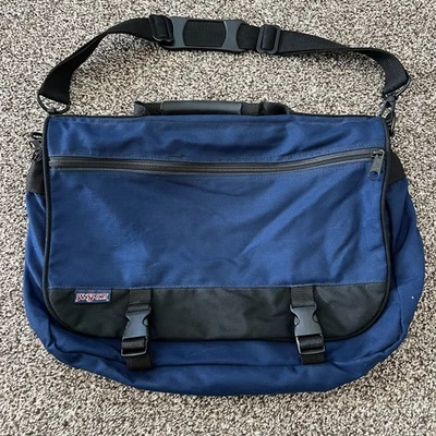 Vintage Jansport Nylon Messenger Laptop Bag Crossbody Strap Blue - Image 1 of 4