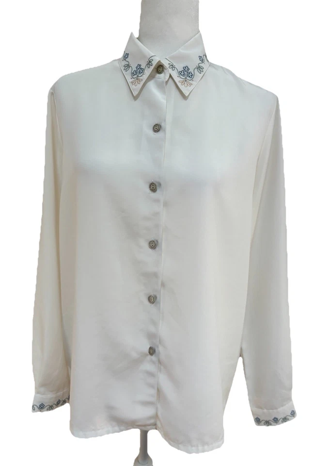 Koret Vintage Button Up Long Sleeve Embroidered Collar Cream Blouse Size 8 - Image 1 of 4