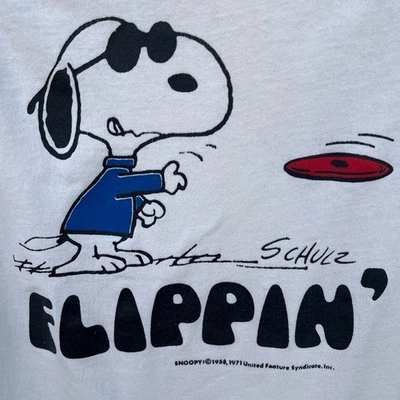 VTG Snoopy Flippin’ Frisbee Baseball Raglan T-Shirt 1971 Artex USA Schultz FLAWS - Image 1 of 4