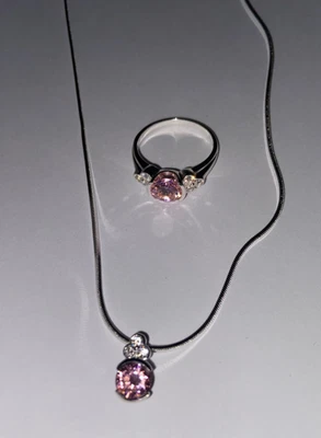 QVC Schmuck Set Kette mit Anhänger und Ring Silber 925er Diamonique Pink Ice - Bild 1 von 4
