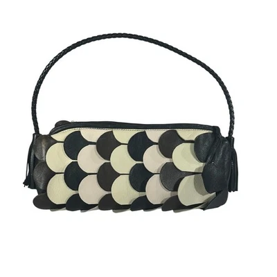 MISSONI Leather Scalloped Mini Bag Black White Brown with Braided Strap Tassels - Image 1 of 4