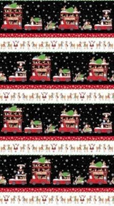 Doppeldecker Weihnachten Stoff Bordüre Streifen Quilt rot schwarz grün Baum Weihnachtsmann - Bild 1 von 2