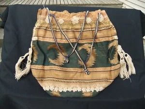 Antq Woven Silk Bohemian Tapestry Handbag w Crocheted Tassles & Border Ornaments - Picture 1 of 8