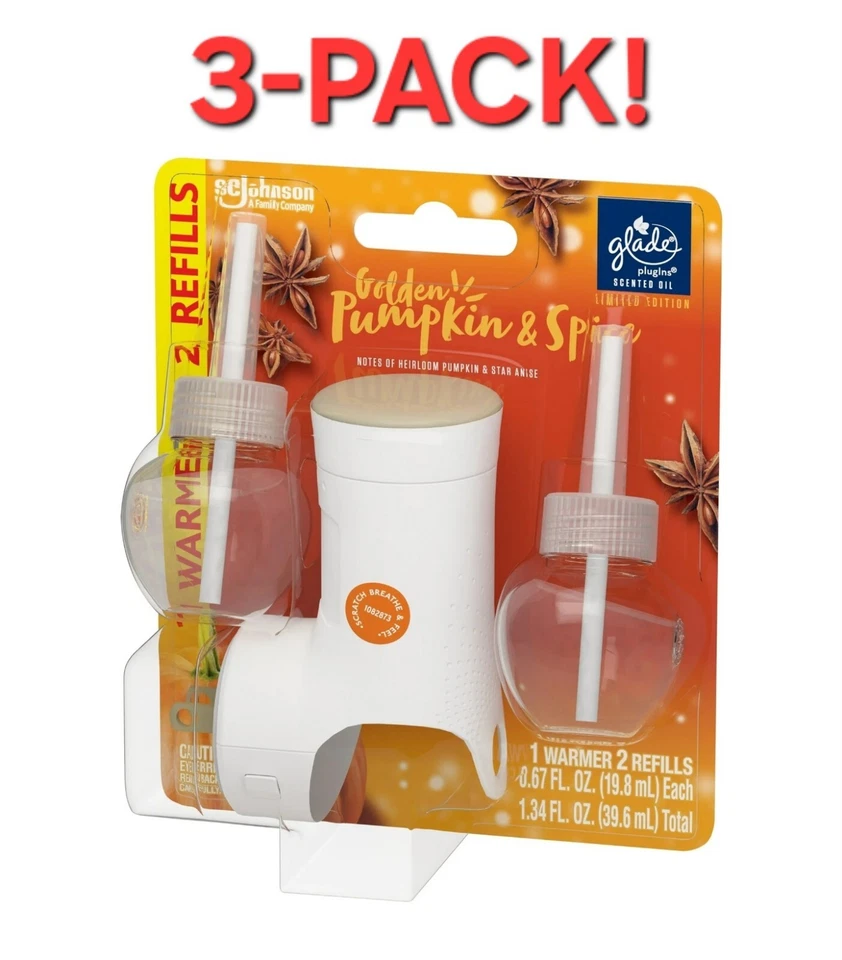 2-pack refills 1 warmer GLADE Plugins Golden Pumpkin &Spice scent essential oil
