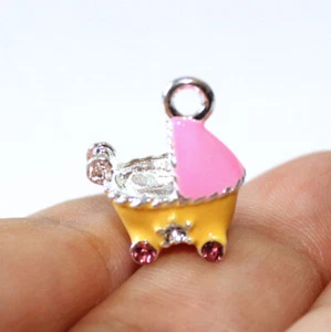 Baby Carriage Charm Enamel and Rhinestones 3D two sided (5 charms in a lot) - Picture 1 of 2