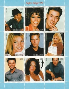 POP STARS s/s 9 stamps; MNH; Whitney Houston; Justin Bieber; J-LO; Buriatia; HTF - Picture 1 of 1