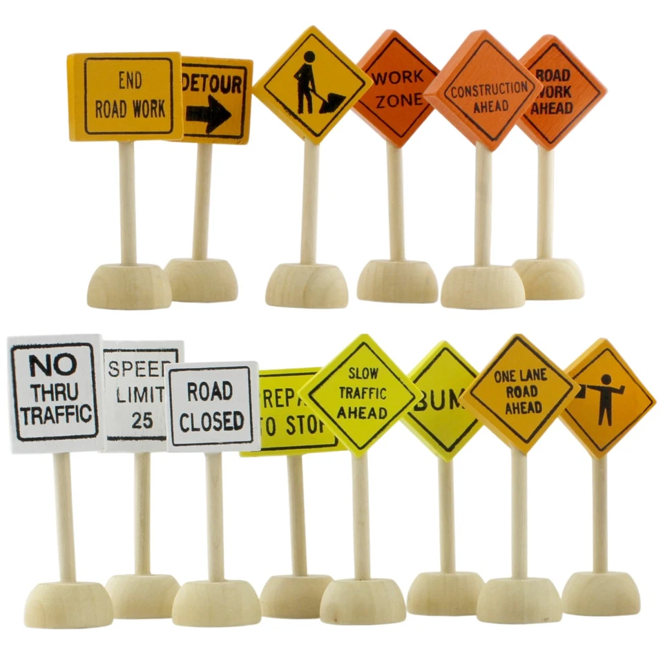 Wooden Road Construction Traffic Sign Set, Street Signs Small Toy Cars - Image 1 of 4