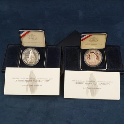 2000 US Mint Leif Ericson Two Coin Silver Dollar Set w/ COA - Free Shipping USA - Image 1 of 4