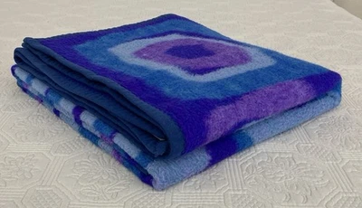 Vintage Borbo West Germany Single Acrylic Blanket Blue Purple Abstract 185x140cm - Image 1 of 4