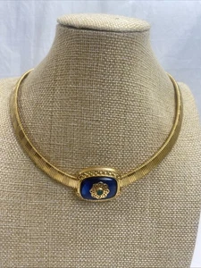 Rare Vintage Trifari TM Royal Blue Cabochon  Goldtone Omega Necklace - Picture 1 of 11
