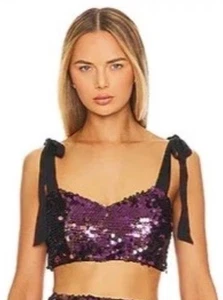 Free People Purple Sequin Crop Tank Top size 0 Tie sleeves Star Bright New - Picture 1 of 7