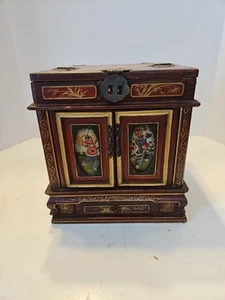 Vtg CHINESE WOOD Red Lacquer 3 DRAWERS W/FOLD AWAY MIRROR VANITY JEWELRY BOX - Picture 1 of 12