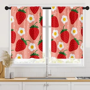 Summer Strawberry Fruit Red Kitchen Curtains Cute Retro Flower Short Window Drap - Picture 1 of 8