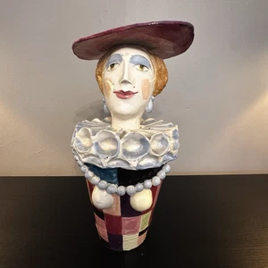Skurrile Studio Kunst Keramik Dame Büste Skulptur Frau Hut Figur 12,5" Handarbeit - Bild 1 von 15