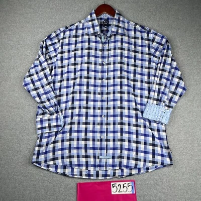 英式洗衣衬衫 17.5 蓝色格子编织翻盖袖口纽扣长袖男式 — 第 1/4 张图片