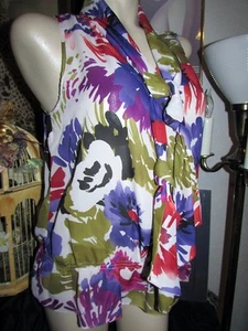 BNWT New S.L.B. Floral Chiffon Sleeveless Summer Classy Blouse Tie Shirt sz L - Picture 1 of 4