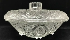 VTG 7" Lidded Clear Cut Glass Candy DIsh Nuts Bowl Fleur de Lis Hearts 2" Deep - Picture 1 of 12