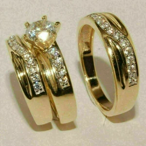 14k Yellow Gold FN Created His Her Trio Bridal Set Engagement Ring Wedding Band - Picture 1 of 3