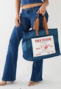 TRUE RELIGION Washed Denim Navy Blue Large Tote Bag