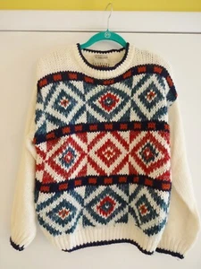 Vtg Womens CAROLINA COLOURS GEOMETRIC SWEATER Medium M Diamonds Cream Red Blue - Picture 1 of 9