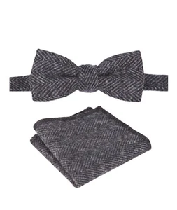 Boys Charcoal Grey Herringbone Tweed Retro Dickie Bow Tie and Hanky Set - Picture 1 of 6