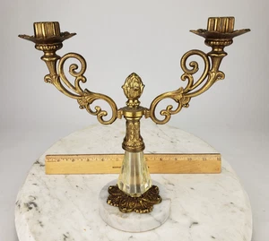 Vintage Crystal/Glass Dual 2 Candle Candelabra Hollywood Regency Marble Brass - Picture 1 of 11