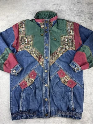 Chaqueta de mezclilla mediana vista actual de colección años 90 tapiz de retazos boho de gran tamaño usada en excelente estado Foto 1 de 4