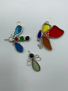 Vintage Stained Glass. Bee. Butteryfly. Dragonfly. Suncatchers. Lot of 3 - Picture 1 of 3