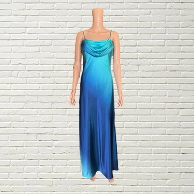 Vintage 90s Maxi Dress - Blue Ombré Satin Cowl Neck Gown Size Xs - Image 1 of 4