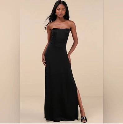 Lulus Extraordinary Presence NWT size Large Black Satin Strapless Maxi Dress - Image 1 of 4