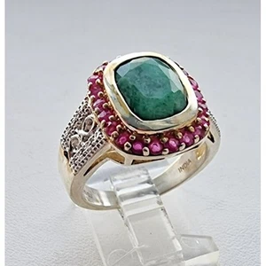 925 STERLING SILVER NATURAL 9x7mm ZAMBIAN EMERALD and RUBY RING SIZE 8 AT - Picture 1 of 13
