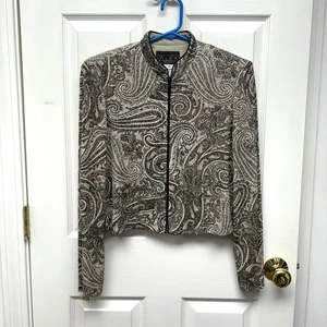 Alex Evenings Sequin Paisley Top, Black, Tan, Gold ZipUp, Shoulder Pads, Size 10 - Picture 1 of 6