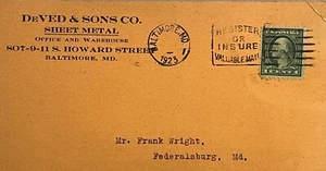 Baltimore Maryland Vintage Cover DeVed Sheet Metal Envelope 1923 - Picture 1 of 3