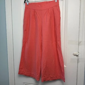 Ellen Tracy Wide Leg Pants Womens Medium Coral Linen Blend Cropped Side Slits - Picture 1 of 8