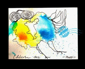 Abstract Surreal BIRD small Original Watercolor PAINTING outsider Drawing SIGNED - Picture 1 of 12