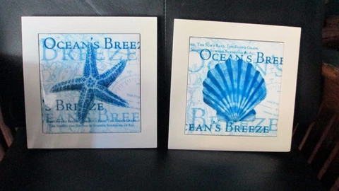 Set of 2 Cobalt Blue & White Nautical Wall Trivets Tiles Starfish Shell Ocean 8" Cover