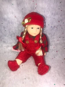 Vtg Cameo Kids Collection 7" Porcelain Girl Doll Red Bib Overalls Flannel Shirt - Picture 1 of 6