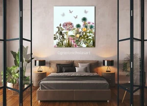 LARGE CANVAS BEAUTIFUL BLUSH PINK & GREEN FLOWERS BUTTERFLY ZEN PICTURE PRINT - Picture 1 of 4