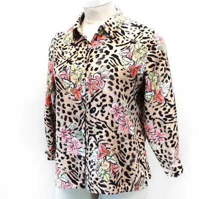 Studio Works Woman Plus Animal Print 100% Linen Collared Top Blouse Shirt 2X - Image 1 of 4