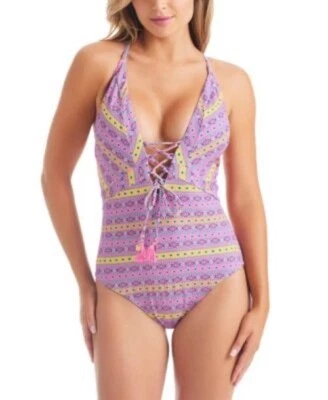 Traje de baño Jessica Simpson grande de una pieza brillante con cordones púrpura tulipán nuevo Foto 1 de 4