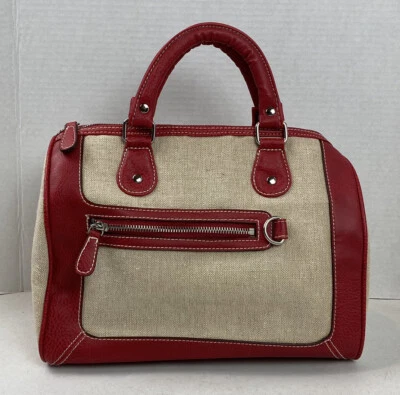 Bolso de Mano Beige Algodón Lino con Acentos de Cuero Sintético Rojo Bolsillos Cremalleras LEER #22M Foto 1 de 4