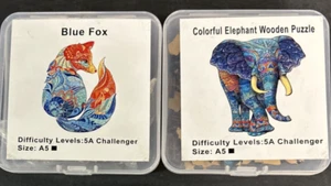 (Lot of 2) PUZZLES Mini Wooden Jigsaw 'Blue Fox' & 'Colorful Elephant' Size A5 - Picture 1 of 5