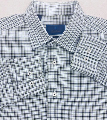 Camisa de vestir David Donahue para hombre 17,5 34/35 azul verde a cuadros botón manga larga Foto 1 de 4