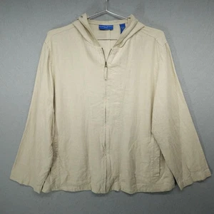Karen Scott Jacket Womens Medium Beige Linen Blend Hooded Zip Front Lightweight - Picture 1 of 9